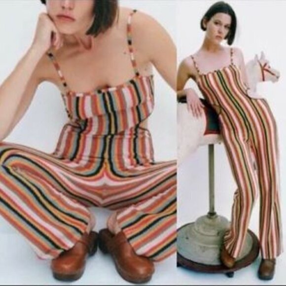 Zara Crochet Terrycloth Vertical Striped Cutout Blogger Fave Jumpsuit New Large - Picture 5 of 16